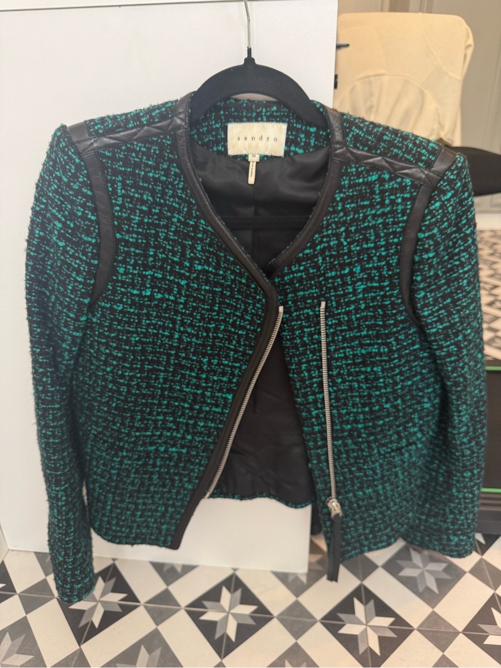 Sandro Black & Teal Tweed Zip-Front Blazer